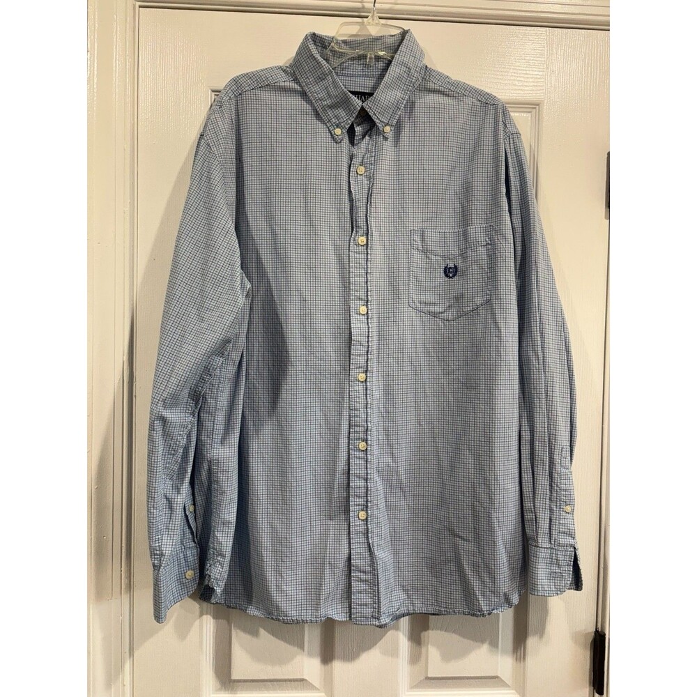 Chaps Men XL Blue Check Button Down Shirt 100% Cotton Long Sleeve Logo Pocket
